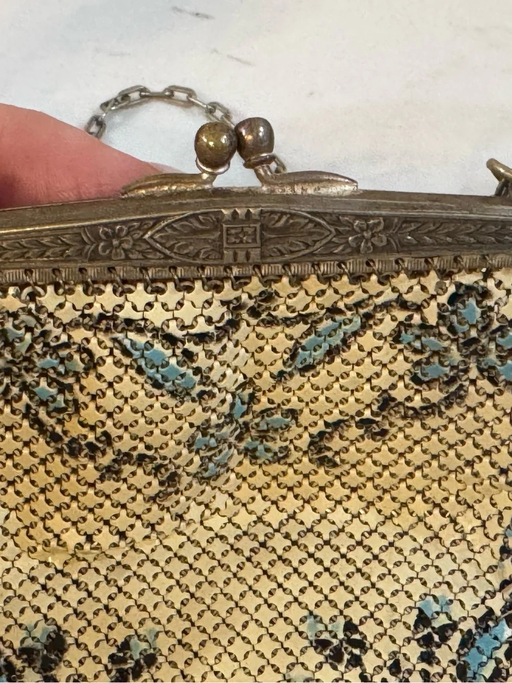 Antique Mandalian Mesh Enamel Flapper Purse Floral w/ Fringe